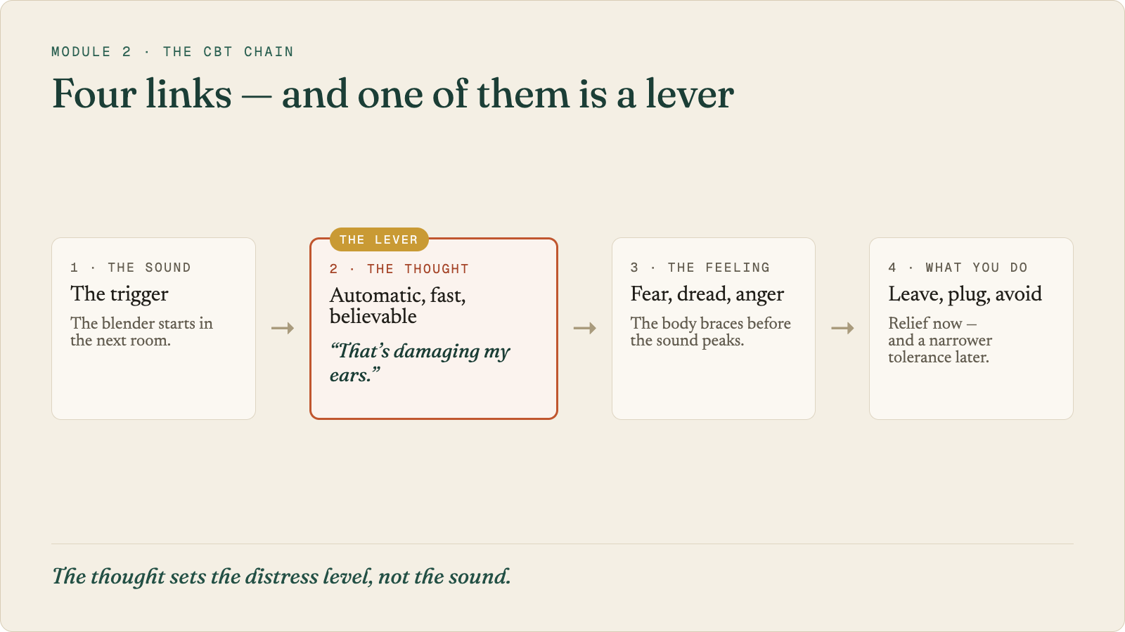 Four linked cards: the sound (a blender starts in the next room), the thought (automatic, fast, believable: &ldquo;that&rsquo;s damaging my ears&rdquo;), the feeling (fear, dread, anger), and what you do (leave, plug, avoid). The thought is marked as the lever.