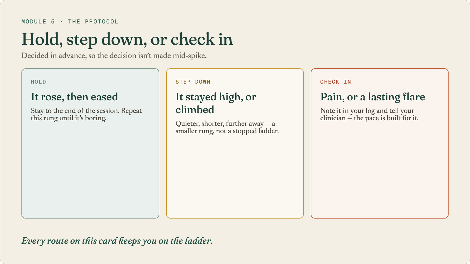 The protocol on one card, decided in advance: hold (it rose, then eased: stay to the end of the session and repeat this rung until it&rsquo;s boring), step down (it stayed high or climbed; quieter, shorter, further away: a smaller rung, not a stopped ladder), or check in (pain, or a lasting flare: note it in your log and tell your coach; the pace is built for it).