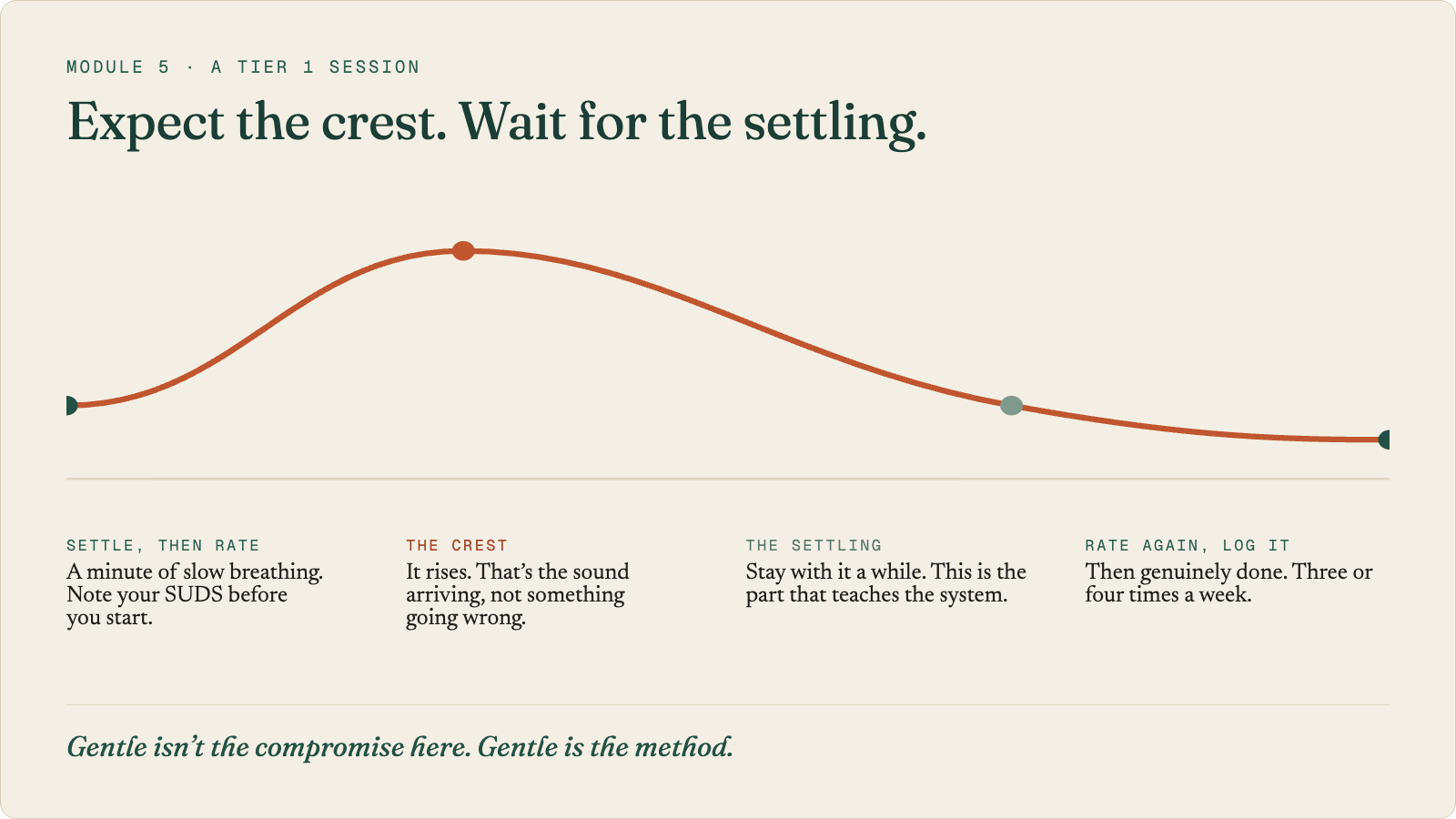 The arc of a Tier 1 session: settle with a minute of slow breathing and rate your SUDS before you start; the discomfort rises to a crest (that&rsquo;s the sound arriving, not something going wrong); then the settling, the part that teaches the system; then rate again and log it. Three or four sessions a week.